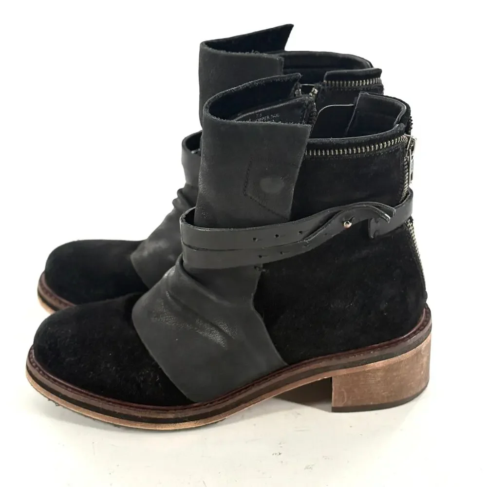 Diba True Copper Tail Suede Boots 7.5 Black Ankle Booties Leather Heel Grunge